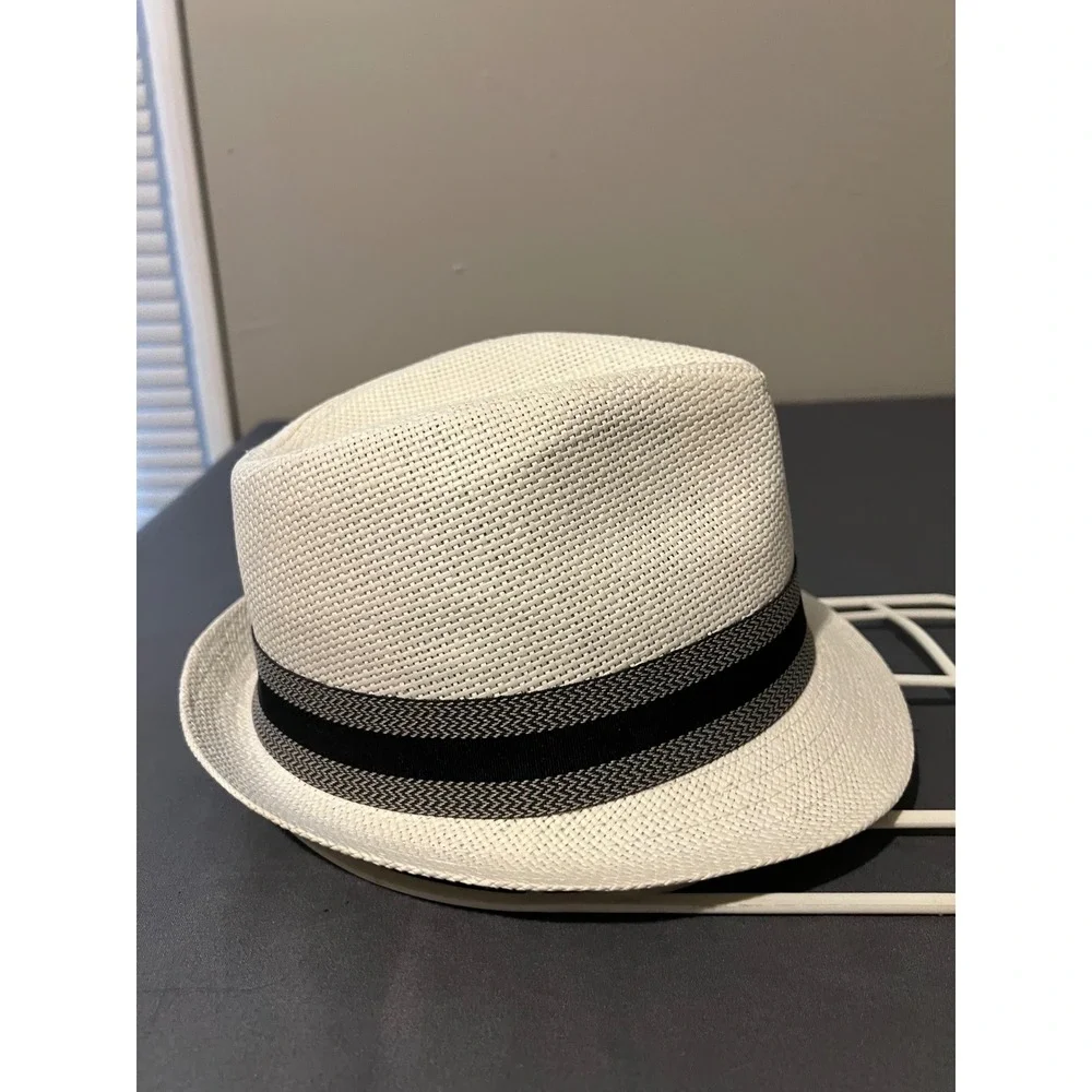 JCPenney‎ Mens Ivory White Straw Fedora Hat Black Ribbon Band S/M 12078-2
